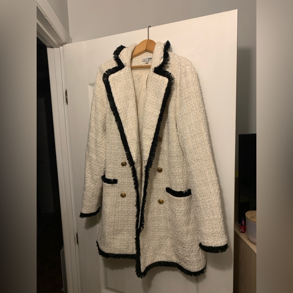 Fashion Nova Cream Tweed Coat with Black Trim Boujee Beautiful Spring Fall Coat